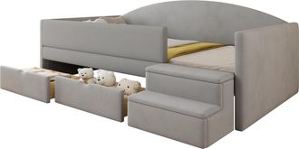STILVORA Cama Div&aacute;n 90 X 190 Cm De Terciopelo Con 2 Cajones, Barandilla Y Escalera Antideslizante, Sin Colch&oacute;n, Gris