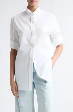 Maison Margiela Short Sleeve Cotton Poplin Snap-Front Shirt in White at Nordstrom, Size 42