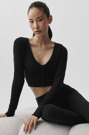 Alo Alolux Cropped Me Time Cardigan Top in Black, Size: Medium