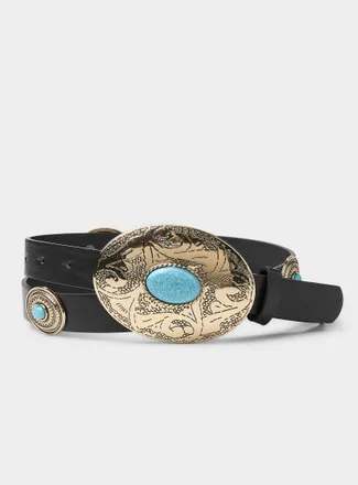 Simons Womens Medallion and turquoise-stone faux-leather belt
