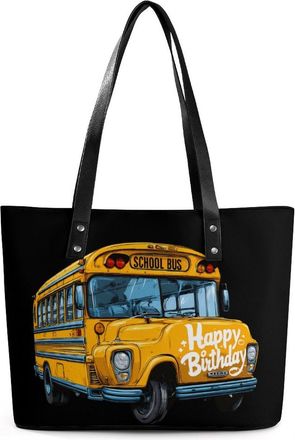 Generic School Bus Happy Birthday Tote Bags for Women Cute Shoulder Purses Handbags