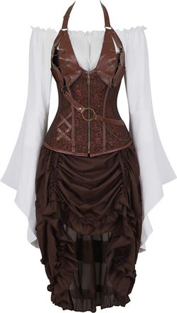 Grebrafan Corset Pirate Skirt with Blouse Steampunk 3 Piece Leather Corsets Costume (UK(16-18) 3XL, Brown)