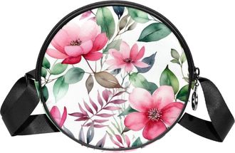 Generic Circle Crossbody Bag for Women, Floral Leaves Small Sling Bag Daypack with Zipper Adjustable Shoulder Straps Casual Ladies Girls Round Purse