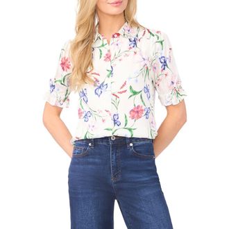 CeCe by Cynthia Steffe Floral Print Ruffle Sleeve Shirt in New Ivory at Nordstrom, Size Medium