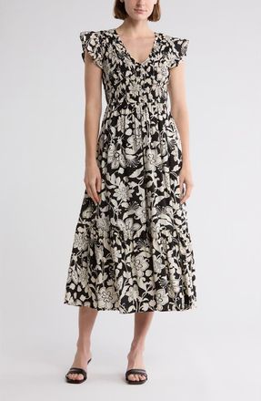 August Sky Floral Cap Sleeve Dress in Black Multi at Nordstrom Rack, Size Medium