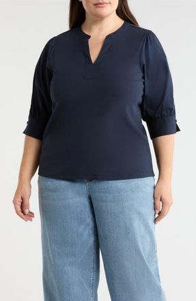 Wit & Wisdom Mixed Media Puff Sleeve Top in Navy at Nordstrom, Size 1X