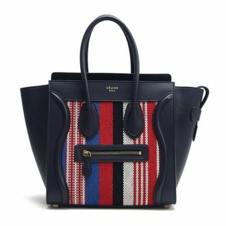 Celine Black Blue Dark Navy Red Color White Leather Canvas Handbag Tote Bag (Pre-Owned)