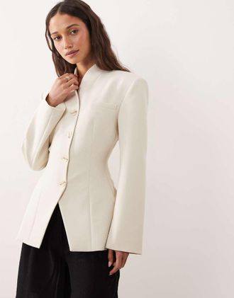 Miss Selfridge Blazer senza colletto color avorio-Bianco