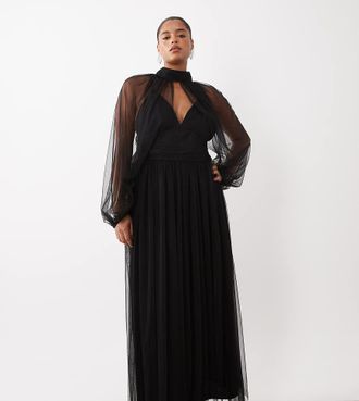 Lace & Beads Plus Vestito lungo in tulle nero trasparente con maniche a palloncino, scollo profondo e collo alto