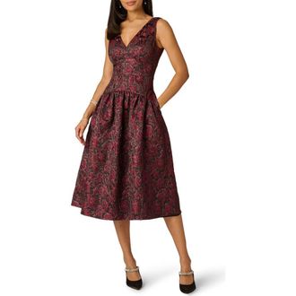Adrianna Papell Floral Metallic Jacquard Midi Dress in Burgundy at Nordstrom, Size 16