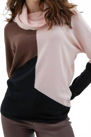 Marble Scotland Cowl Neck Color Block Sweater In Pink/brown