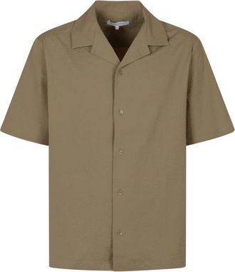 Maison Kitsun&eacute; Seersucker Resort Shirt - Heren - Korte mouwen Overhemden - Bruin - M - Katoen - Overhemden