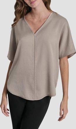 DKNY Short Sleeve Woven Top in Pebble at Nordstrom, Size X-Small