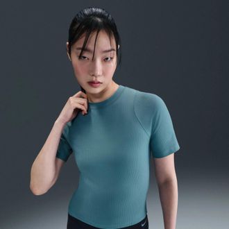 Nike Zenvy Top Womens Smoky Blue Stretch Dri-FIT Ribbed Short Sleeve DSGL602