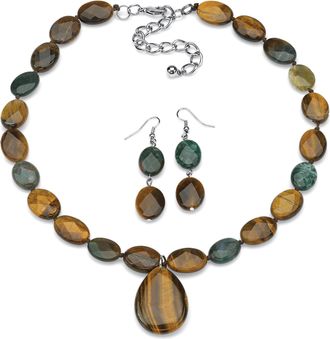 Palm Beach Jewelry Genuine Jasper and Tigers Eye Silvertone Necklace and Earrings Set