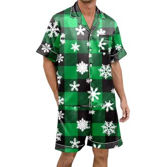 Generic Mens Fleece Pyjamas Set Cosy PJs for Him Checked Pjama Lounge Sleepwear Loungewear Modern Pant with Pockets Short Sleeve Pyjama Nightwear Gifts Green