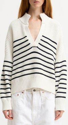 Denimist Striped Split Neck Sweater in White With Thin Navy Stripe at Nordstrom Rack, Size Xx-Small