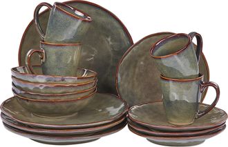 Beliani Beliani - Conjunto De 16 Piezas De Gres Verde Oscuro Marr&oacute;n 4 Personas Esmalte Reactivo Thyme