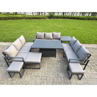 Fimous Fimous Aluminum Outdoor Patio Furniture Set Modern Patio Conversation Sets with Adjustable Rising Lifting Dining Table 3 Footstools Side Table Dark