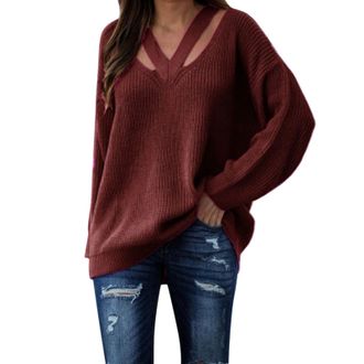 Generic Chunky Jumpers for Women UK Womens Roll Neck Top Womens V Neck Oversized Fall Sweater Sexy Long Sleeve Knit Pullover Top Clothing Ladies Jumpers Xmas 