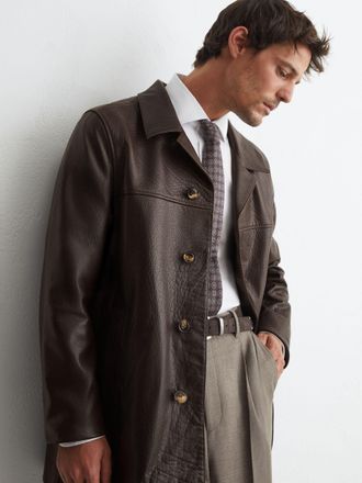 Reiss Mens Dark Brown Leather Trench Jacket, Xxl