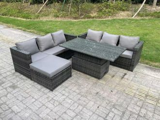 Fimous 7 Seater Wicker PE Rattan Garden Furniture Sofa Set Outdoor Adjustable Rising Lifting Dining Table Set in Dark Grey