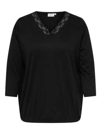 Only Carmakoma Langarmshirt ONLY CARMAKOMA CARJULIA LACE V-NECK 3/4 TOP JRS, Damen, Gr. XL, schwarz, Jersey, Obermaterial: 65% Polyester, 35% Viskose, unifarben, reg