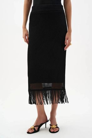 Joseph Ribkoff Fringe Trim Sweater Knit Midi Skirt In Black