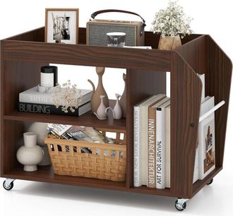 Costway Tavolino da Salotto a 3 Ripiani con Ruote, Tavolino Caffè Laterale in Legno per Soggiono e Studio, Mobile Porta Stampante per Casa e Ufficio