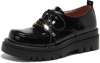 Generic Womens Platform Loafers with Patent Finish Chunky Sole Lace Up Design Double Buckle Metal Accent Round Toe Thick Sole for Everyday Styling,Black,4.5 U