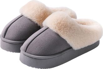 Generic Womens Fuzzy Platform Scuff Slippers, Non-Slip Slip-On Winter Suede House Shoes, Warm Plush Fur Lined Memory Foam Indoor Outdoor Comfy Slippers,Gray,3