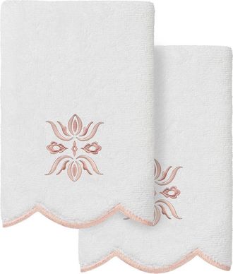 Linum Home Textiles 100% Turkish Cotton Flower Crest Scallop 2Pc Embellished Fingertip Towel Set