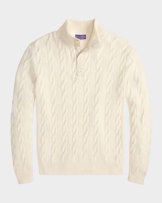 Ralph Lauren Purple Label Mens Cable-Knit Quarter-Placket Cashmere Sweater