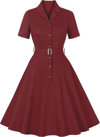 Generic Womens 1950s Retro Dress Short Sleeve Notched Lapel Ruffle Swing Dress with Belt Cocktail Dress (Wine Red M,M)