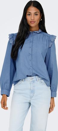 Only Jeansbluse ONLY ONLPIPER L/S EMB FRILL DNM SHIRT QYT, Damen, Gr. XL, medium blau denim, Web, Obermaterial: 65% Baumwolle, 35% Lyocell, unifarben, regu