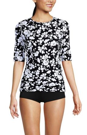 Lands End SunShade UPF 50 Elbow Sleeve Rash Guard Swim Tee in Black Blossom Floral at Nordstrom, Size Medium P