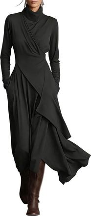 Generic Womens Elegant High-Neck Asymmetrical Maxi Dress,Solid Color High Neck Fitted Irregular Cross Hem Dress (Black,XXL)