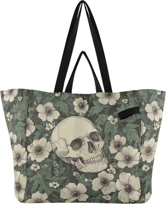 Generic Skull Flowers White pattern Reusable Canvas Tote Bag, Heavy Duty Grocery Shopping Bag with Hard Bottom Large Capacity Double Handles Work Groceries Tr