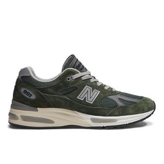New Balance Unisex Made in UK 991v2 en Verde/Gris, Gamuza/Malla, Talla 37.5