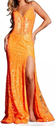 Jovani High Slit And V-Neckline Prom Dress In Neon Orange