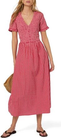 Nobody's Child Eliza Gingham Smocked Bodice Organic Cotton Seersucker Midi Dress in Red Gingham at Nordstrom, Size 12