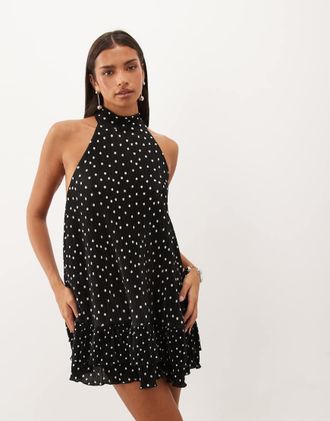 Asos vestito corto pliss&eacute; allamericana con orlo a volant a pois-Multicolore