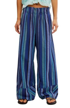 Free People Days End Stripe Wide Leg Linen Pants in Navy Combo at Nordstrom, Size X-Small
