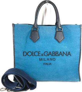 Dolce & Gabbana Black Blue Leather Canvas Shopping Bag Shoulder Bag Tote Bag (Pre-Owned)