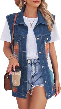 Feoya Womens Distressed Denim Gilet Baggy Denim Waistcoat Washed Button Down Sleeveless Jean Jacket Turn Down Collar Loose Fit Lapel Vest with Flap Chest Po
