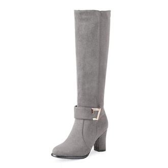 Generic Gray,6.5 UK,Fashion Belt Buckle Knee high Boots for Womens Round Toe Chunky Heels Tall Boot Suede Party Club Fall Winter Comfy Dress Shoes