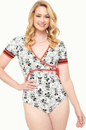 Unique Vintage 3/4 Sleeve Surplice Knit Bodysuit in White Mickey Mouse at Nordstrom, Size Medium