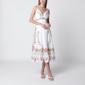 Farm Rio Ivory midi dress with floral embroidery