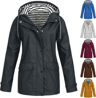 Generic 2024 Women Rain Coats and Jackets Clearance Ladies Striped Drawstring Zipper Hooded Coats Plus Size Softshell Windproof Trench Coat with Pocket Jacket