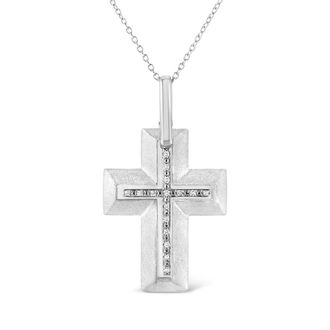House of Brilliance 925 Sterling Silver Prong-Set Diamond Accent Bold Cross 18 Pendant Necklace (I-J Color, I1-I2 Clarity)